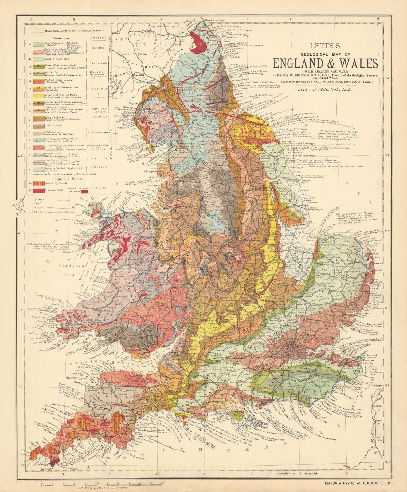 ENGLAND & WALES colour geological Map. LETTS 1892 old antique plan chart